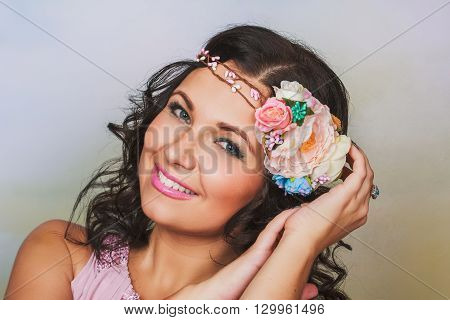 Beautiful Brunnet Woman With Flower Wreath