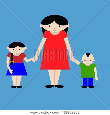 Mother standing with two kids cartoon illustration. Mom with her boy and girl. Brother with sister and their mother.