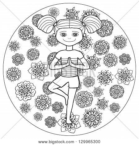 Adult coloring book page young girl in tree yoga pose with whimsical line art on background. Vector illustration.
