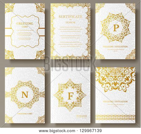 Set of Luxury Gold artistic pages set with logo brochure template. Vintage art identity,  floral card, magazine. Traditional, Islam, arabic, indian. Decorative retro greeting card or invitation