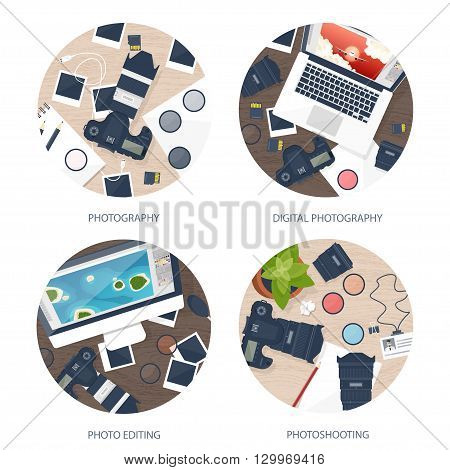 Photographer equipment on a table. Photography tools, photo editing, photoshooting flat background.  Digital photocamera with lens. Vector illustration. Wood. Wooden.