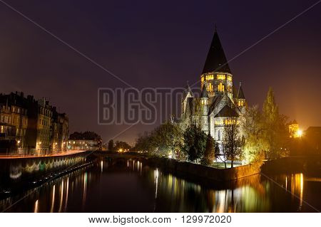 View Of Metz With Temple Neuf Reflected In The Moselle River, Lorraine, France