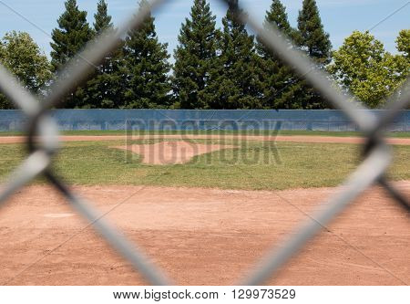 Looking at a little league baseball field through a chain link fence