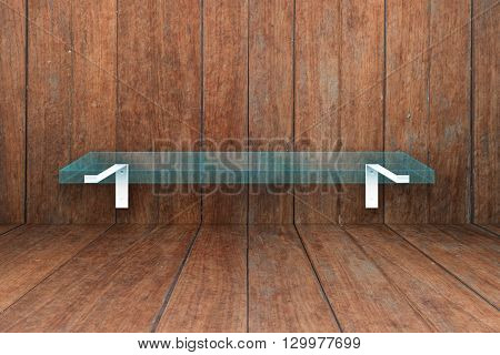 Glass shelf on old wooden texture background, stock photo