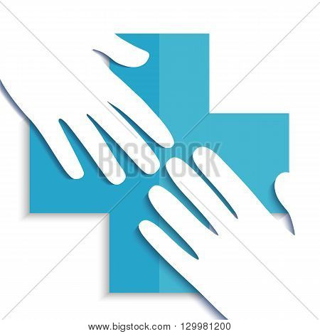 Hand connection on blue plus sign , white hands and blue plus frame