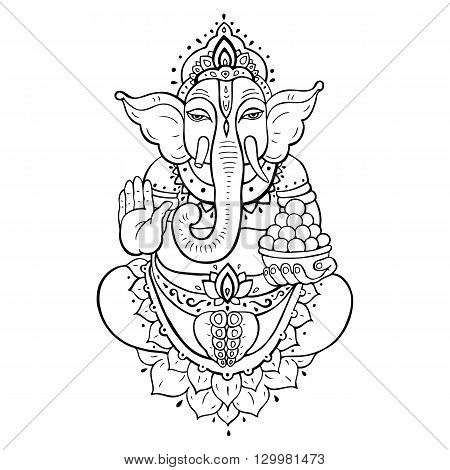 Hindu God Ganesha. Golden Ganapati. Vector hand drawn illustration. Meditation in lotus pose