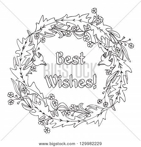 Hand drawn black and white flower wreath.
Coloring book for adults. Antistress therapy or design for greeting card.
