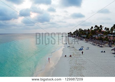 Aerial from a beautiful sunset at Manchebo beach on Aruba island in the Caribbean sea