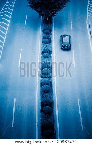 aerial view of road thaffic,chongqing china,blue tomed image.