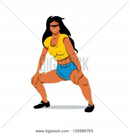 Woman in yellow blouse and blue shorts dancing half-sitting twerk. Isolated on a white background