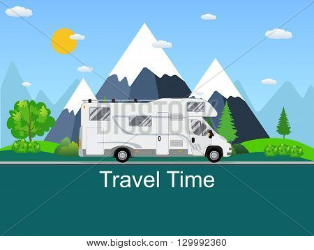 Caravan van driving on the road in the background of rural landscapes. RV Family trip to nature. Camping in the woods mountains in the background. Flat design vector illustration.  travel concept