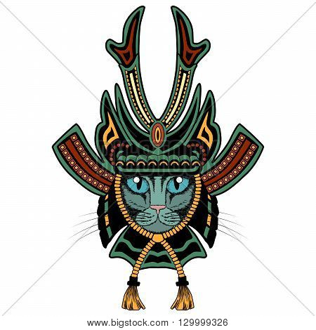 Samurai cat. Colored version isolated on white.