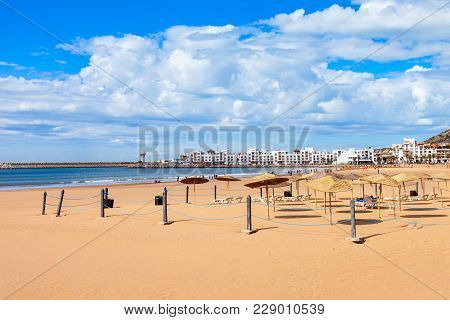 Agadir Main Beach In Agadir City, Morocco. Agadir Is A Major City In Morocco Located On The Shore Of