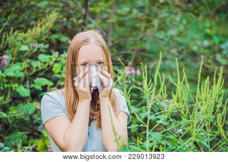 Young Woman Sneezes Because Of An Allergy To Ragweed.