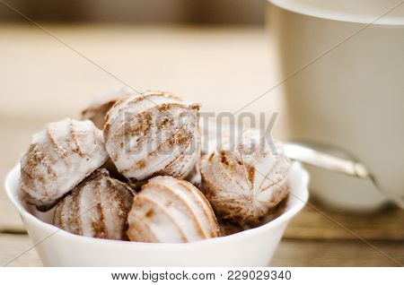 Cakes Sprinkled With Powdered Sugar Bowl. Dessert For Breakfast Snack