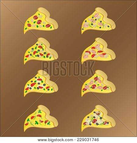 Eight Slices Of Vegeterian And Meat Pizza With Cheese