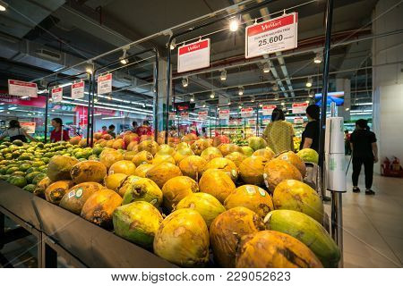 Hanoi, Vietnam - July 10, 2017: Fresh Coconut On Shelf In Vinmart Supermarket, Minh Khai Street.