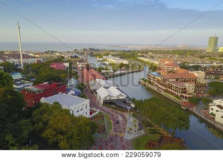 Aerial View Of Malacca City During Sunrise.