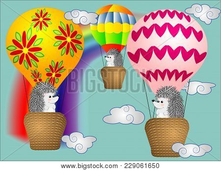 Lovely Little Hedgehogs Fly Into Cartoons, Large Bulky Balloons In The Sky Amidst White Clouds And A