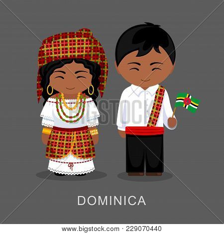 Dominicans In National Dress With A Flag. Man And Woman In Traditional Costume. Vector Flat Illustra