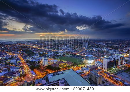 Aerial View Of Malacca City During Sunrise.