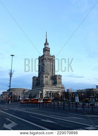 Warsaw, Poland - December 15, 2017: Palace Of Culture And Science, A Notable High-rise Building