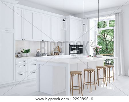 3d Rendering Of Modern Kitchen In A Loft.