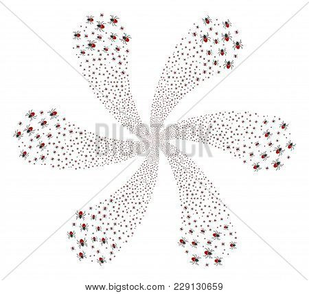 Mite Tick Exploding Flower Cluster. Object Centrifugal Explosion Organized From Randomized Mite Tick