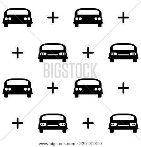 Cars Pattern Background. Trendy Monochrome Texture With Vehicles And Pluses On White Background. Mod