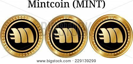 Set Of Physical Golden Coin Mintcoin (mint), Digital Cryptocurrency. Mintcoin (mint) Icon Set. Vecto