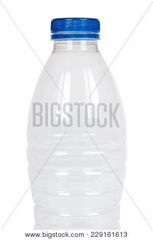 Empty Transparent Plastic Bottle. Isolated On White Background, Blue Cap, Conteiner Template.