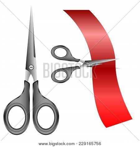 Vector Illustration Scissors Cutting The Ribbon On A White Background