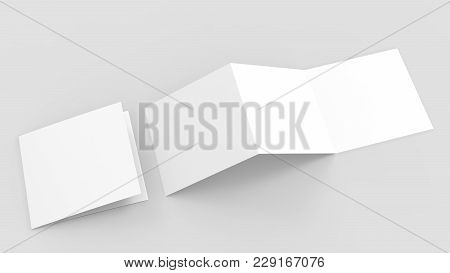 Three Fold - Trifold Square Brochure Mock Up Isolated On Soft Gray Background. 3D Illustrating