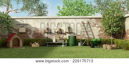 Garden With Dog House ,trees And Gardening Tools - 3d Rendering