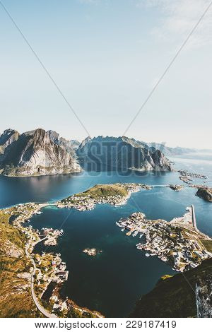 Aerial View Landscape In Norway Reinebringen Mountain Aerial Fjord Sea View Lofoten Islands Travel S