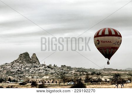 Nevsehir, Turkey - February 10, 2018; Travel By Flying Balloon On Uchisar, Turkey
