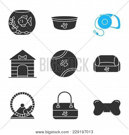 Pets Supplies Glyph Icons Set. Aquarium, Dog Bowl, Pets Lead, Toy Ball, Doghouse, Animal Bed, Chew B