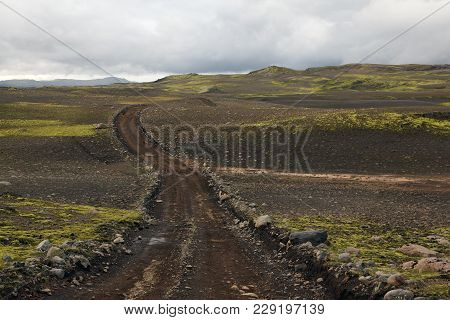 Icelandic Road To A Mountain Lakagigar In Iceland