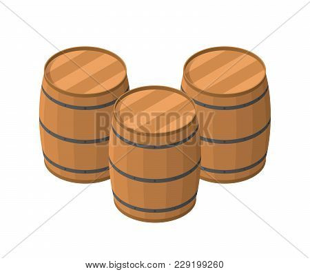 Isometric Barrels Isolated On White Background. Wooden Barrel For Alcohol Vector Illustration. Three
