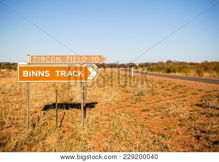 Binns Track Signage Off The Plenty Hwy Near Alice Springs, Northern Territory, Australia. Famous For