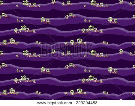 Foreat Line Seamless Pattern With Trees And Flowers Of Lupine On The Purple Background