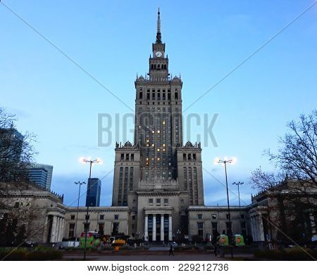 Warsaw, Poland - December 15, 2017: Palace Of Culture And Science, A Notable High-rise Building