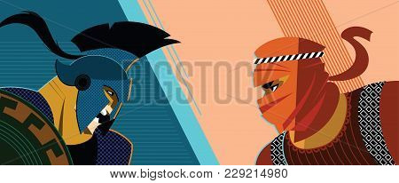 Roman Warrior Against The Persian Warrior. Hoplite Vs. Saracen. Vector Illustration