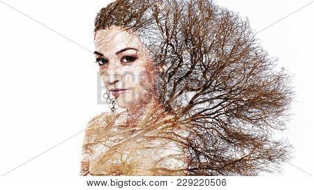 Double Exposure Portrait Of Attractive Woman Combined With Photograph Of Tree Or Branches, Surreal P
