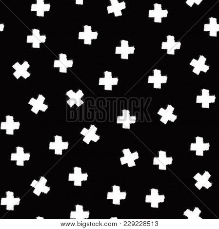 Seamless cross pattern. Abstract background with brush strokes. Monochrome hand drawn print. Hipster monochrome texture with crosses or pluses.