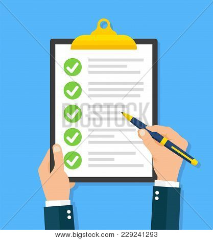 Hand Filling Checklist On Clipboard - Stock Vector.