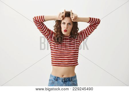 Girlfriend Is Stubborn Like Goat When She Need Something. Funny And Emotive Slender Woman In Cropped