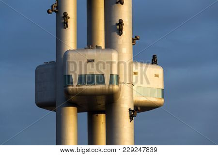 Prague, Czech Republic - March 11 2017: Zizkov Television Tower Transmitter Detail During Sunset On