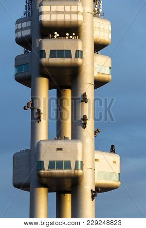 Prague, Czech Republic - March 11 2017: Zizkov Television Tower Transmitter Detail During Sunset On