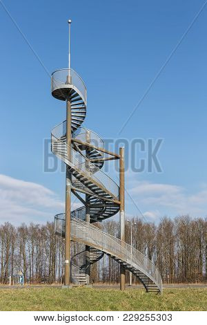 Watch Tower Made Of Two Steel Spiral Staircases Near Lelystad Airport In The Netherlands